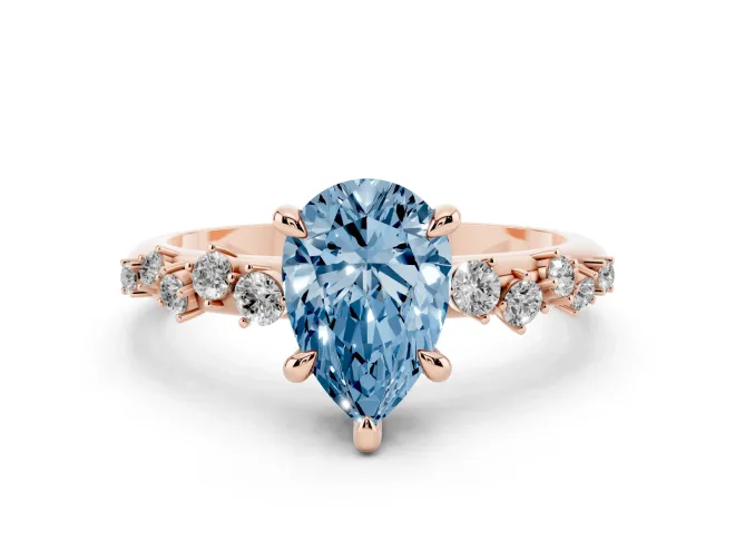Fancy Blue Pear Cut Diamond Solitaire Vine Band Ring Set in Rose gold with Round Accents and Prong Setting