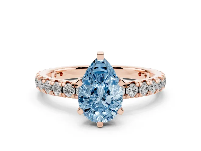 Fancy Blue Pear Cut Diamond Pavé Solitaire Ring Set in Rose gold with Round Band and Prong Setting