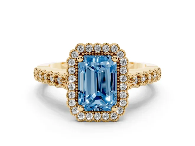 Fancy Blue Radiant Cut Diamond Halo Ring Set in Yellow gold with Pavé Milgrain Band