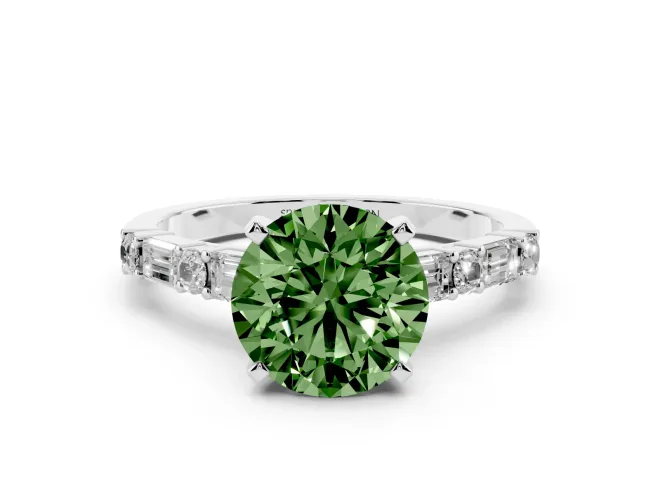 Round Baguette Side Stone Engagement Ring Setting for a Fancy Green Lab-Grown Diamond | White Gold