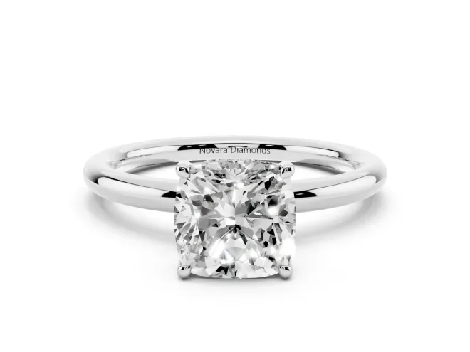 Cushion Cut Diamond Solitaire Ring Set in White gold with Thin Band and Prong Setting