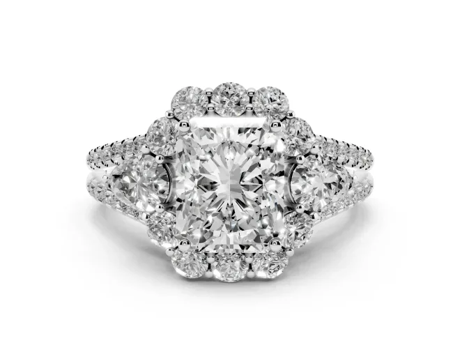 Radiant Cut Diamond Halo Split Shank Engagement Ring Set in White gold with Prong-Held Center Stone