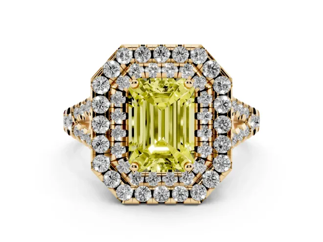 Emerald Cut Halo Split Shank Engagement Ring Setting for a Fancy Yellow Lab-Grown Diamond | Yellow Gold