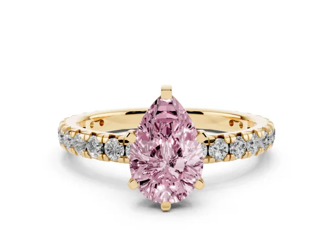 Fancy Pink Pear Cut Diamond Pavé Solitaire Ring Set in Yellow gold with Round Band and Prong Setting