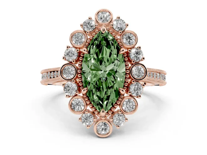 Marquise Scalloped Halo Engagement Ring Setting for a Fancy Green Lab-Grown Diamond | Milgrain Edges | Rose Gold