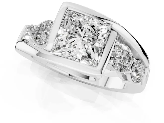 Princess Cut Bezel Bypass Engagement Ring Setting | Round Side Stones | White Gold – second view