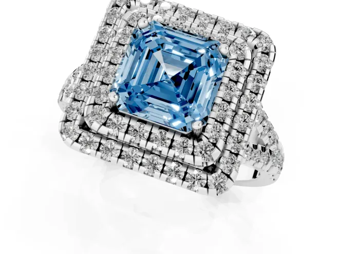 Fancy Blue Asscher Cut Diamond Double Halo Ring Set in White gold with Pavé Split Shank and Prong Setting – second view