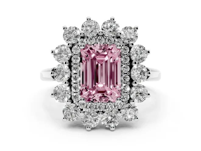 Fancy Pink Emerald Cut Diamond Floral Double Halo Ring Set in White gold with Round Petals