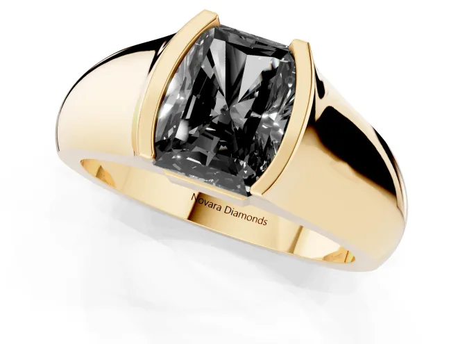 Fancy Black Radiant Cut Diamond Bezel Solitaire Ring Set in Yellow gold with Wide Band – second view