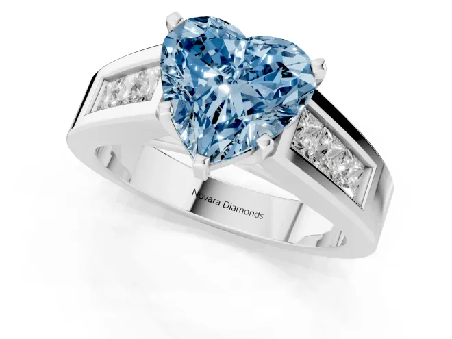 Fancy Blue Heart Cut Diamond Solitaire Ring Set in White gold with Channel-Set Accent Stones and Prong Setting – second view