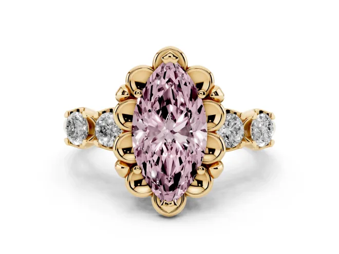 Marquise Floral Engagement Ring Setting for a Fancy Pink Lab-Grown Diamond | Petal Frame and Side Stones | Yellow Gold