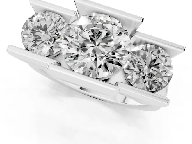 Round Cut Diamond Three-Stone Channel Set Ring Set in Platinum with Smooth Polished Band – second view