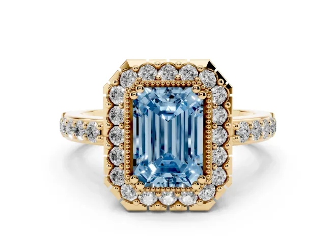 Fancy Blue Emerald Cut Diamond Halo Ring Set in Yellow gold with Pavé Shank and Prong Setting