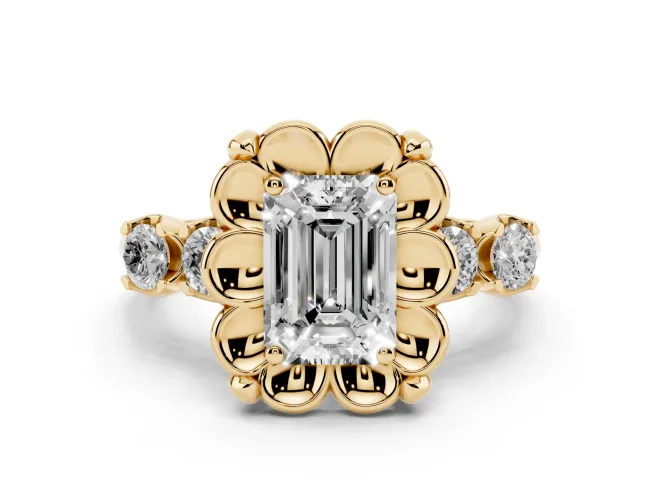Emerald Cut Diamond Floral Halo Ring Set in Yellow gold with Shared Prong Band