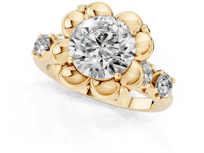 Round Cut Diamond Floral Halo Ring Set in Yellow gold with Shared Prong Band – second view