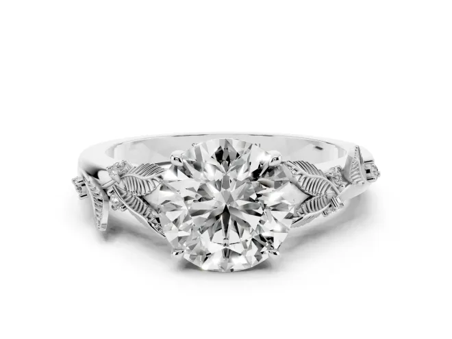 Round Leaf Motif Solitaire Engagement Ring Setting | Accented Leaves | Sterling Silver