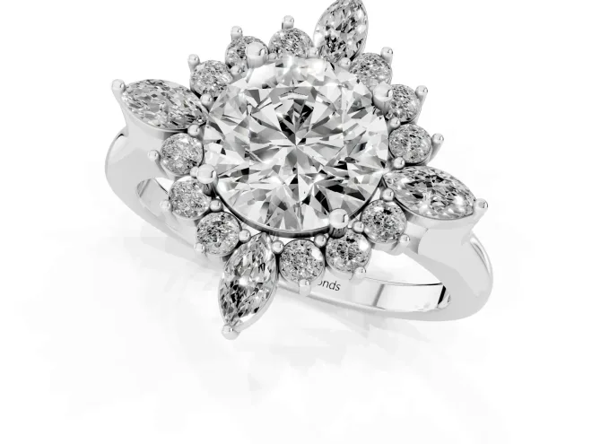 Round Cut Diamond Cluster Halo Ring Set in Platinum with Marquise and Round Accents – second view