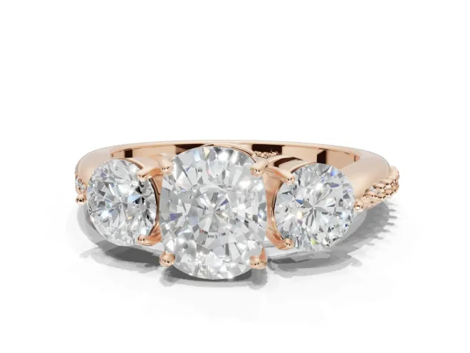 Cushion Cut Three Stone Engagement Ring Setting | Tapered Pavé Band | Rose Gold