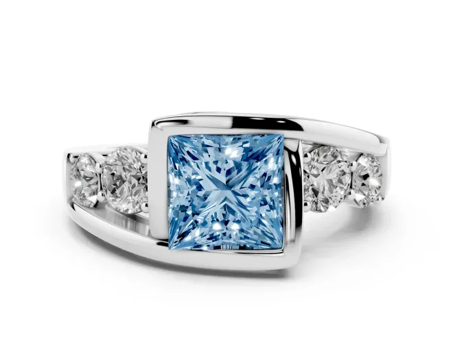 Fancy Blue Princess Cut Diamond Bezel Bypass Ring Set in Platinum with Round Accents