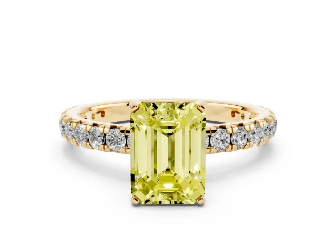 Fancy Yellow Emerald Cut Diamond Pavé Solitaire Ring Set in Yellow gold with Round Band and Prong Setting