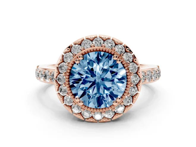 Fancy Blue Round Cut Diamond Halo Ring Set in Rose gold with Pavé Shank and Prong Setting