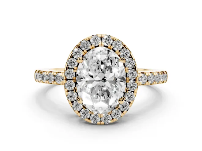 Oval Cut Diamond Pavé Band Halo Engagement Ring Set in Yellow gold with Prong Setting