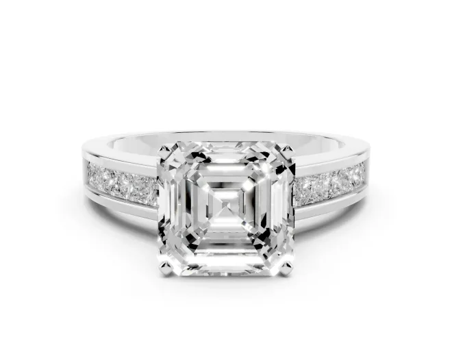Asscher Cut Channel Set Engagement Ring Setting | Princess Cut Accents | White Gold