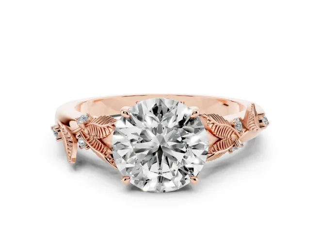 Round Leaf Motif Solitaire Engagement Ring Setting | Accented Leaves | Rose Gold