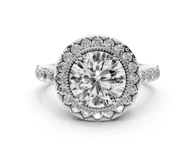 Round Vintage Milgrain Halo Engagement Ring Setting | Pierced Gallery | White Gold
