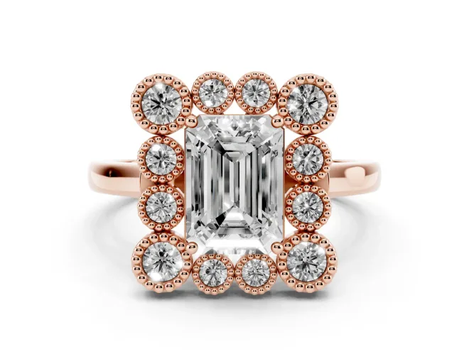 Emerald Cut Diamond Cluster Halo Ring Set in Rose gold with Milgrain Bezel Accents and Plain Band