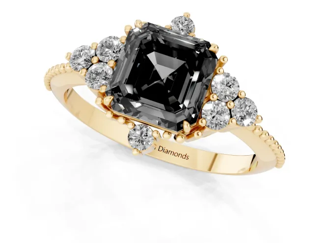 Fancy Black Asscher Cut Diamond Cluster Ring Set in Yellow gold with Beaded Band – second view