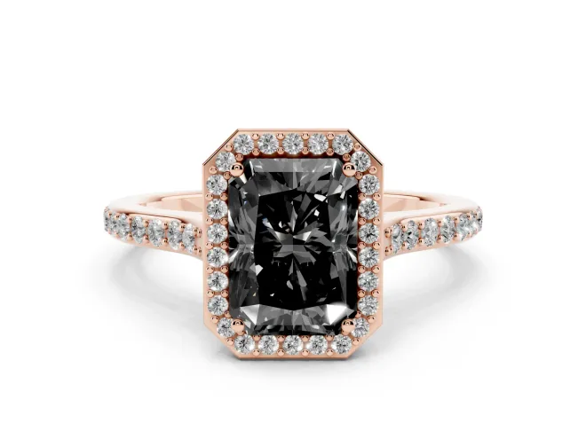 Fancy Black Radiant Cut Diamond Halo Engagement Ring Set in Rose gold with Round Pavé Shoulders and Heart Gallery