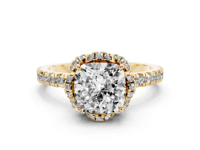 Cushion Cut Diamond Halo Pavé Band Ring Set in Yellow gold with Prong-Held Center