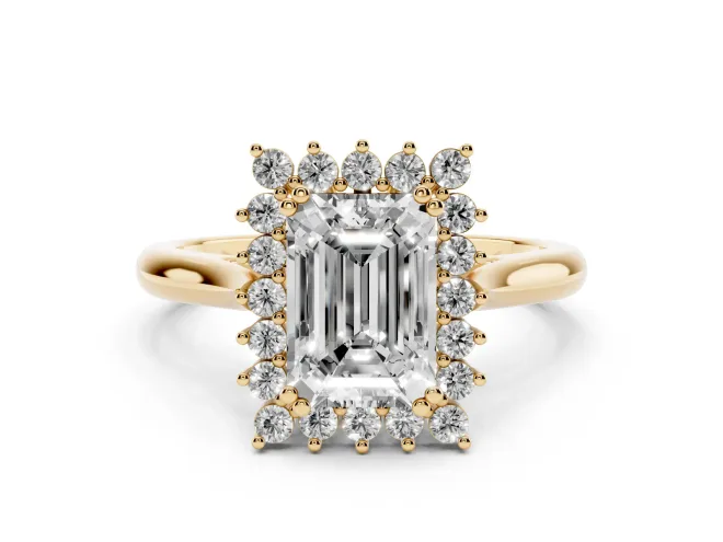 Emerald Cut Diamond Halo Ring Set in Yellow gold with Plain Solitaire Band and Prong Setting