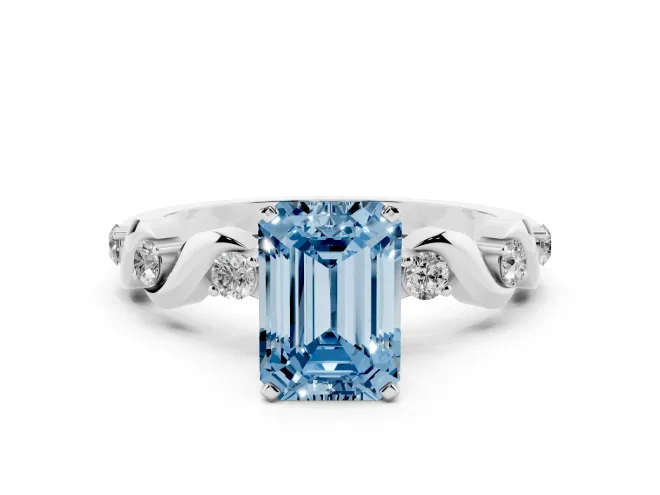Fancy Blue Emerald Cut Diamond Solitaire Ring Set in White gold with Ribbon Twist Band, Round Accents and Prong Setting