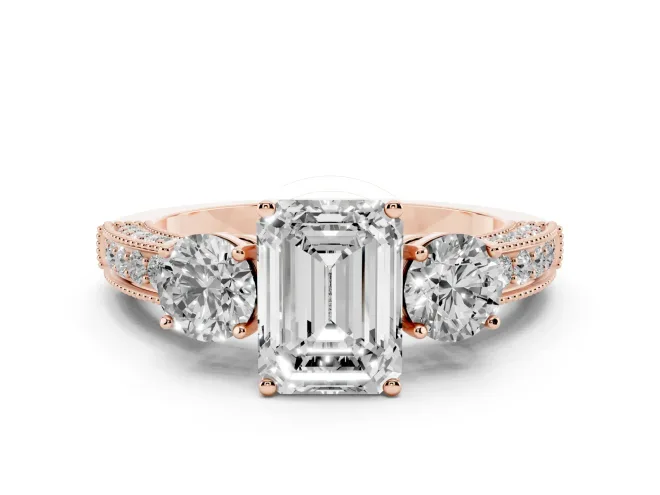 Emerald Cut Diamond Three-Stone Ring Set in Rose gold with Round Side Stones and Pavé Band
