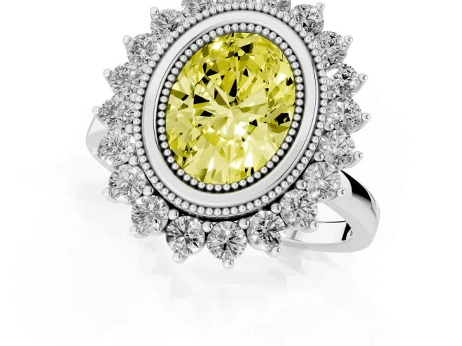 Fancy Yellow Oval Cut Diamond Halo Ring Set in Platinum with Milgrain Edge and Round Prong Setting – second view