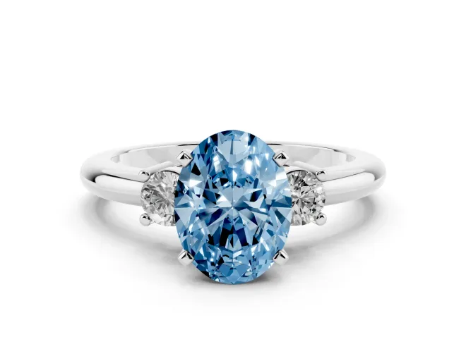 Oval Three Stone Engagement Ring Setting for a Fancy Blue Lab-Grown Diamond | Round Side Stones | White Gold