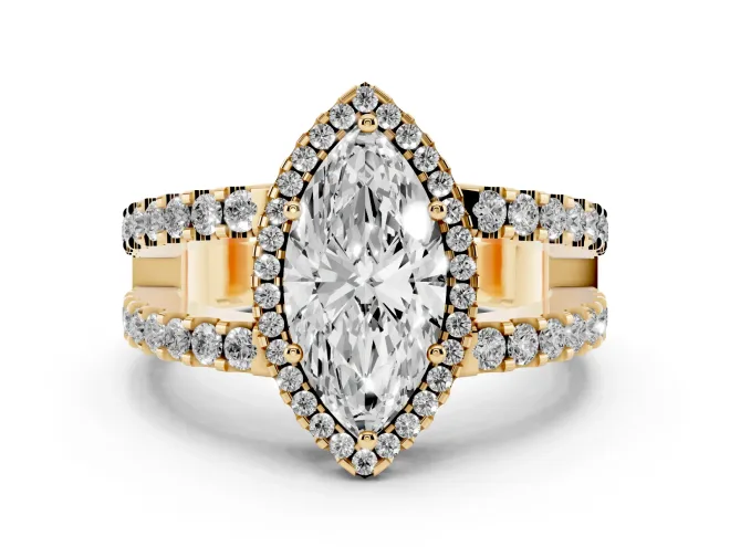 Marquise Cut Diamond Halo Ring Set in Yellow gold with Pavé Split Shank and Prong Setting