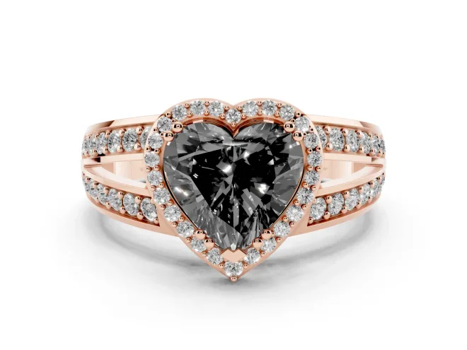 Heart-Shaped Halo Engagement Ring Setting for a Black Center | Two-Row Pavé Split Shank | Rose Gold