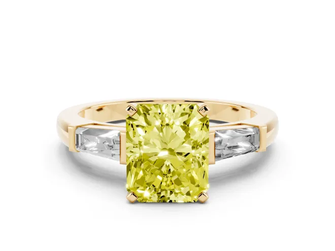 Radiant Cut Three Stone Engagement Ring Setting for a Fancy Yellow Lab-Grown Diamond | Tapered Baguettes | Yellow Gold
