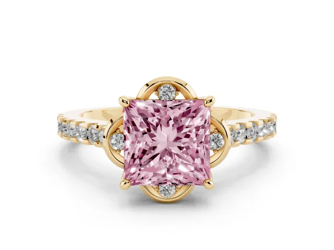 Fancy Pink Princess Cut Diamond Solitaire Ring Set in Yellow gold with Pavé Band and Floral Prong Setting