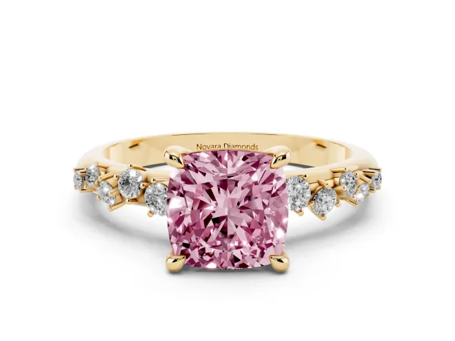 Fancy Pink Cushion Cut Diamond Solitaire Vine Band Ring Set in Yellow gold with Round Accents and Prong Setting