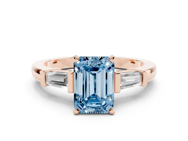 Emerald Cut Three-Stone Engagement Ring Setting for a Fancy Blue Lab-Grown Diamond | Tapered Baguettes | Rose Gold