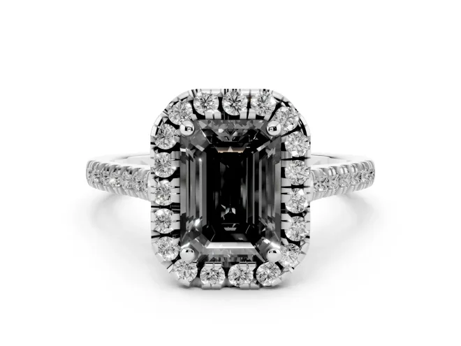 Fancy Black Emerald Cut Diamond Cushion Halo Ring Set in Platinum with Pavé Band