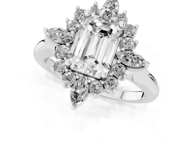 Emerald Cut Diamond Cluster Halo Ring Set in Platinum with Marquise and Round Accents – second view