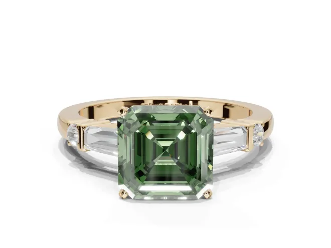 Asscher Cut Tapered Baguette Engagement Ring Setting for a Fancy Green Lab-Grown Diamond | Bar Set Sides | Yellow Gold
