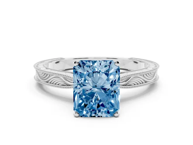 Radiant Cut Engraved Solitaire Engagement Ring Setting for a Fancy Blue Lab-Grown Diamond | Platinum