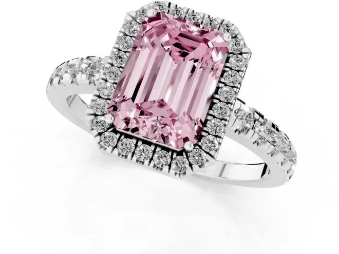 Fancy Pink Emerald Cut Diamond Halo Ring Set in Silver with Delicate Pavé Band and Prong Setting – second view
