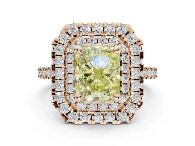 Radiant Cut Double Halo Engagement Ring Setting for a Fancy Yellow Lab-Grown Diamond | Pavé Shoulders | Rose Gold
